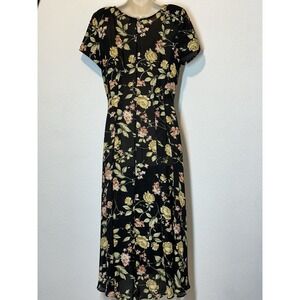 Vintage Cottagecore Maxi Dress Sz 10 Black Dark Floral Flowy Fairy Whimsigoth